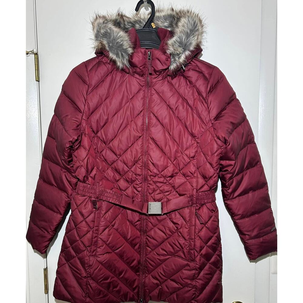 EDDIE BAUER Down Parka Jacket Coat Faux Fur-Trimmed Hood Belted Red Womens L
